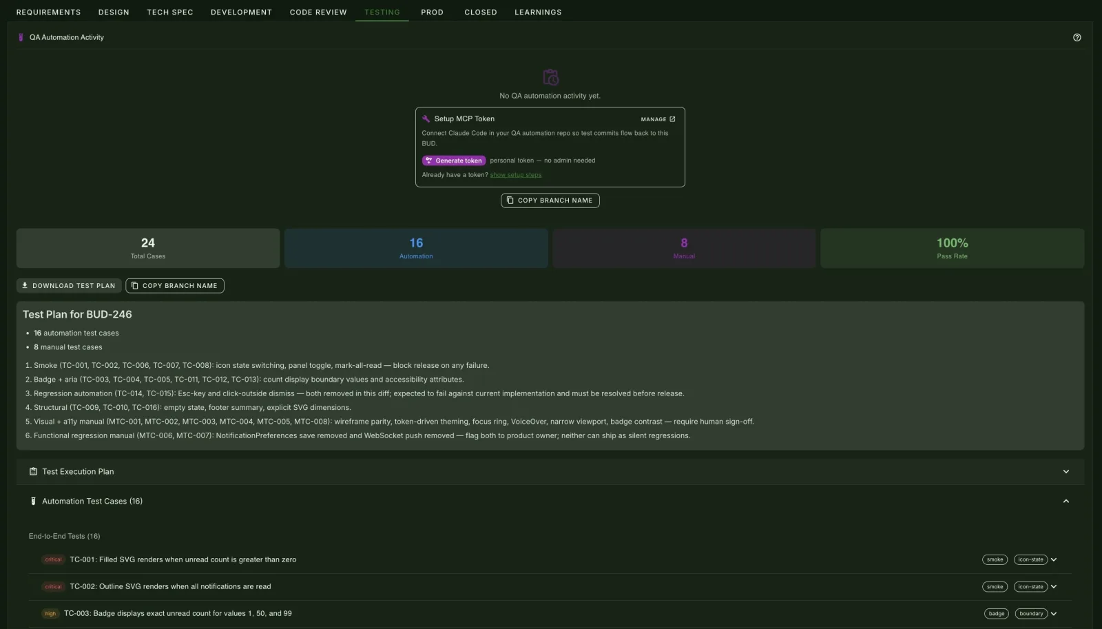 24 test cases for one small feature — and notice the manual ones marked neither can ship as silent regressions, requi…