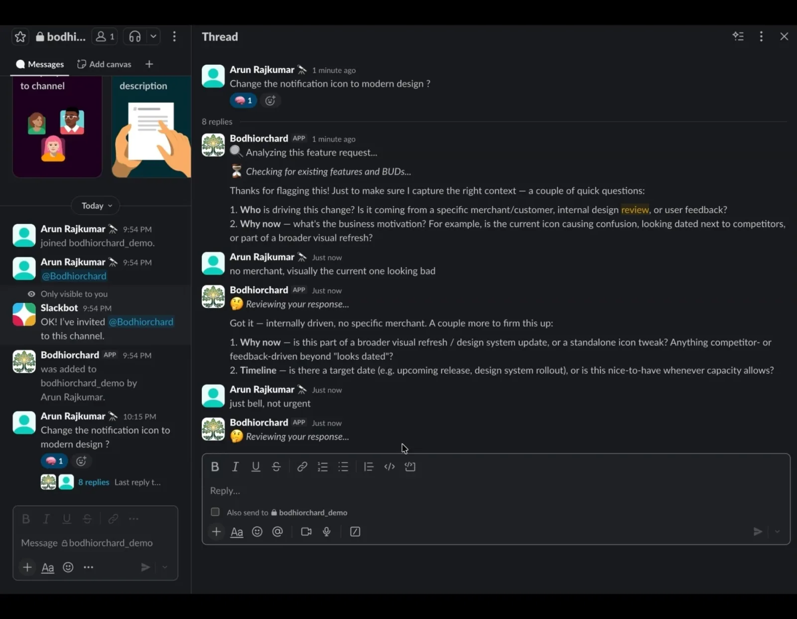 Change the notification icon to modern design? → the agent checks for duplicates, then interrogates the intent before…