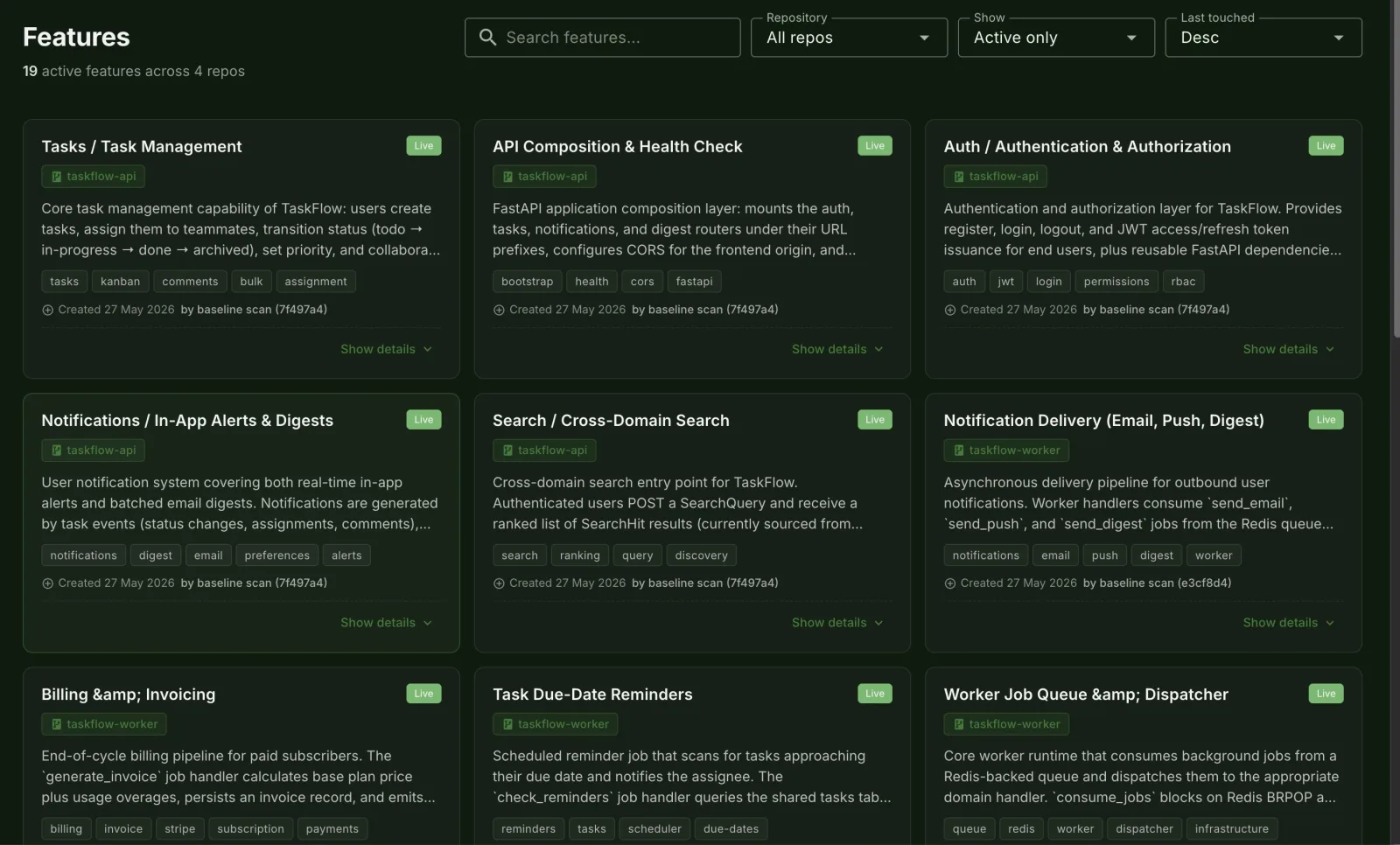 Nobody wrote this wiki. A baseline scan read the repositories and produced it — 19 live features across 4 repos, each…