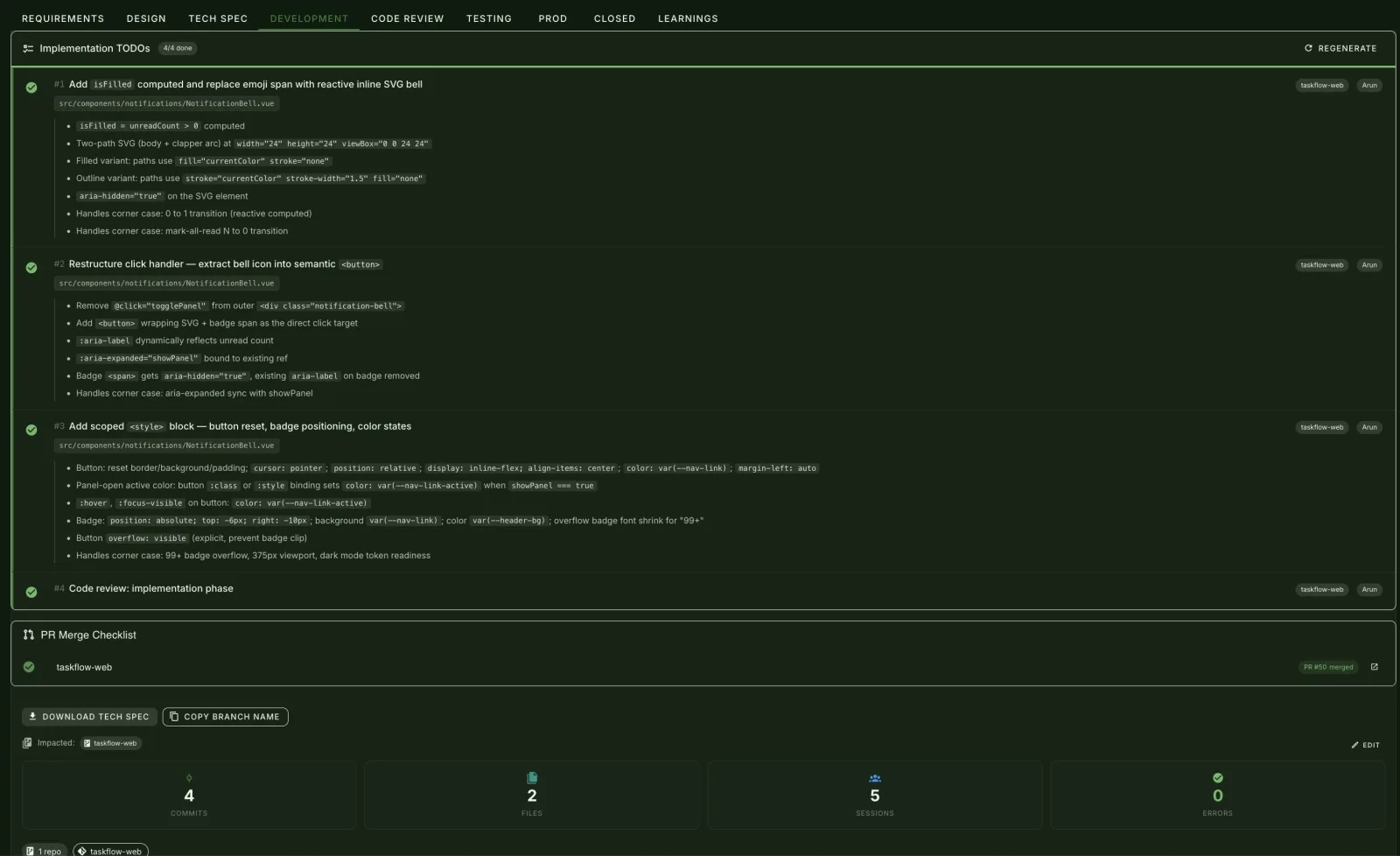 Four file-level TODOs, all ticked by the work itself. PR #50 merged, 4 commits, 2 files, 5 sessions, 0 errors — captu…