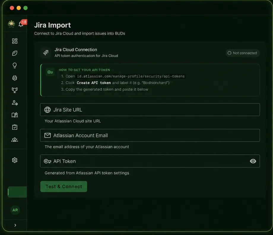 Jira import — connect Jira Cloud and import issues into BUDs