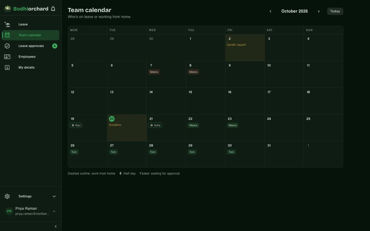 Team calendar — leave, work from home and public holidays