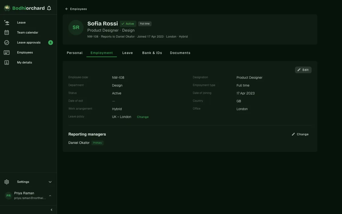 Employee record — work details, office, leave policy and managers